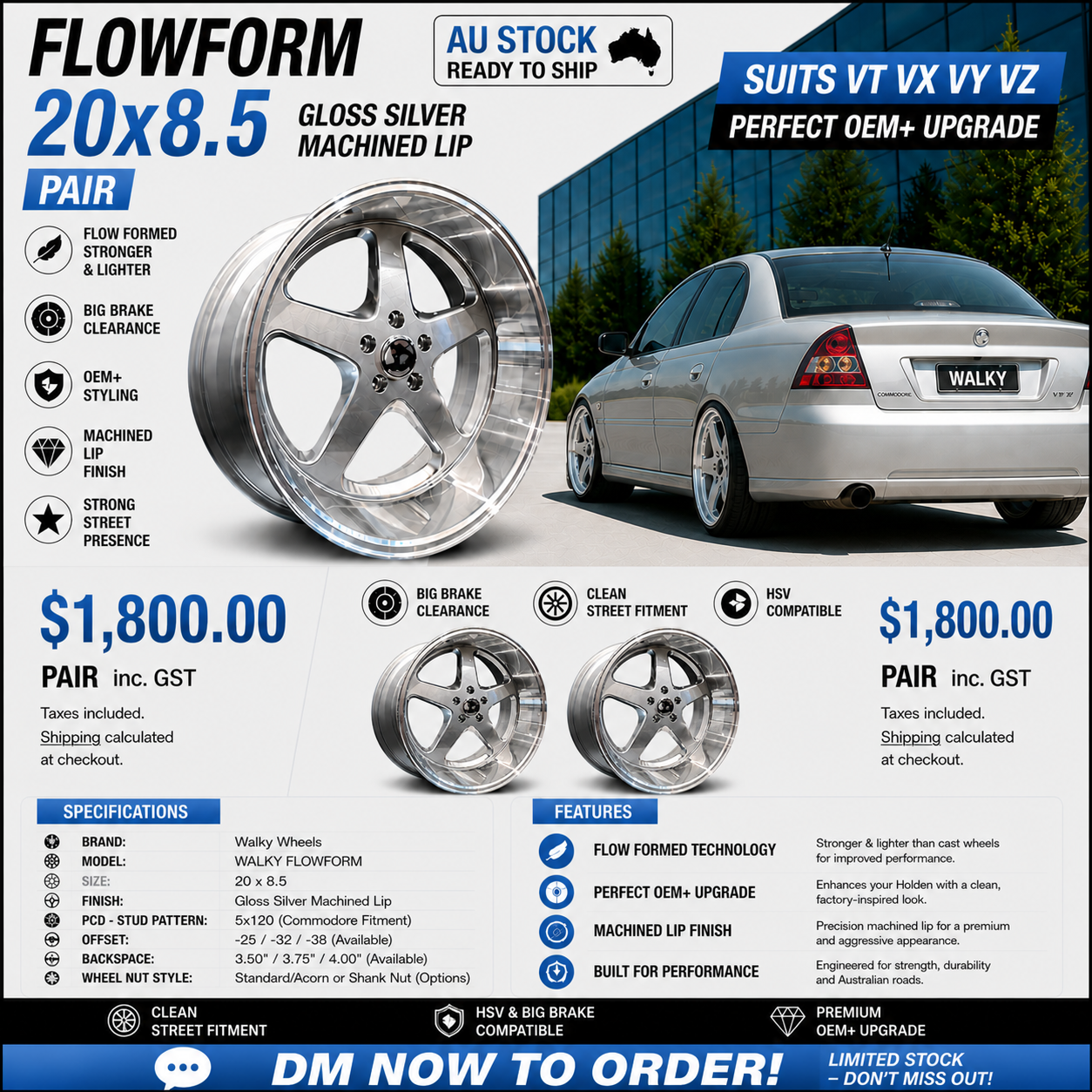WALKY 20x8.5 -FLOWFORM GLOSS SILVER MACHINED LIP (1PAIR)