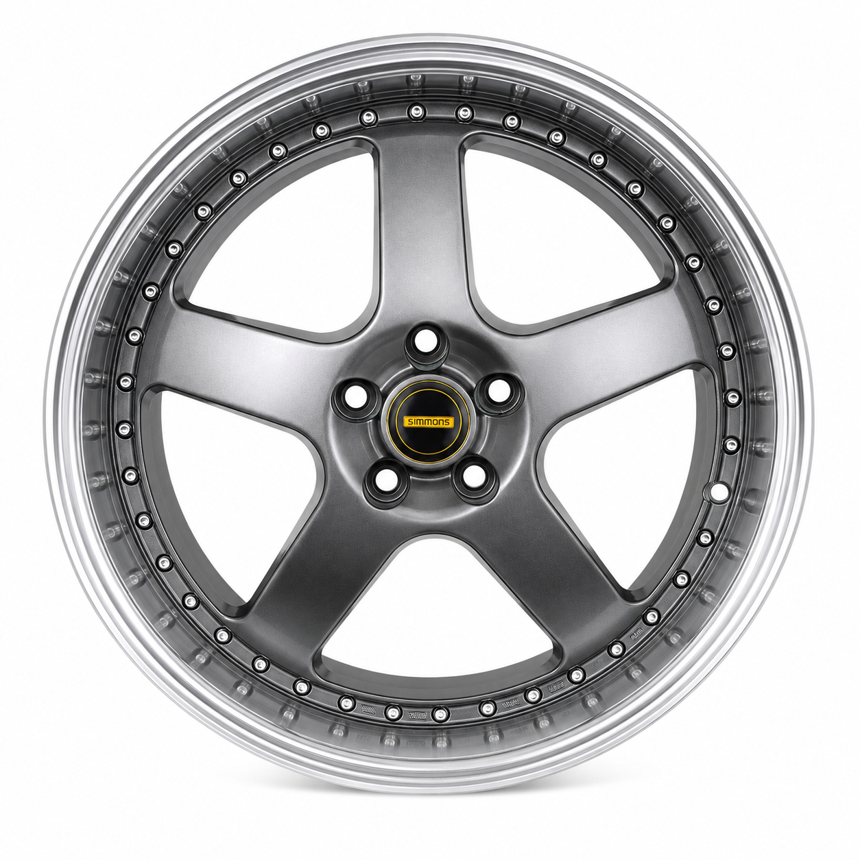 20 inch Simmons style grey wheel with polished lip front view
