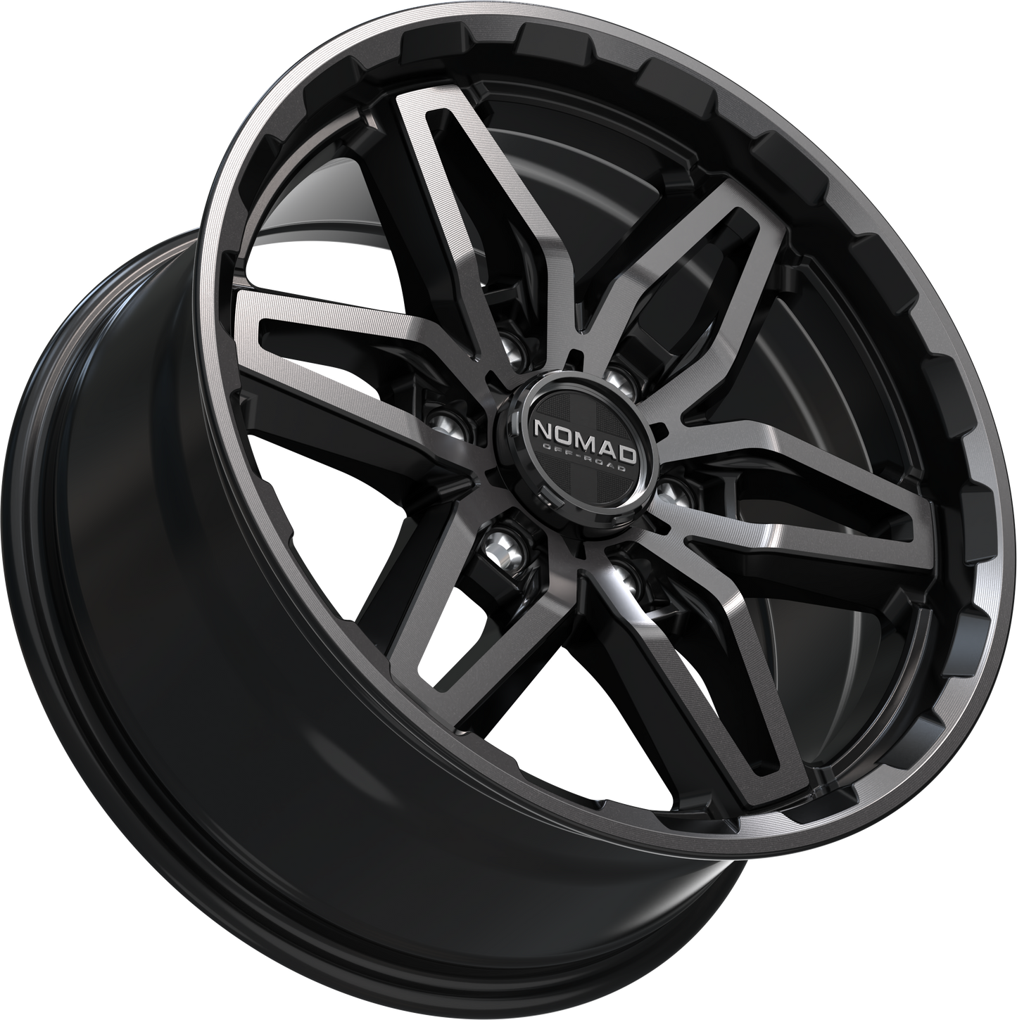 Nomad N232 Black Machined Face Dark Tint wheel angled view