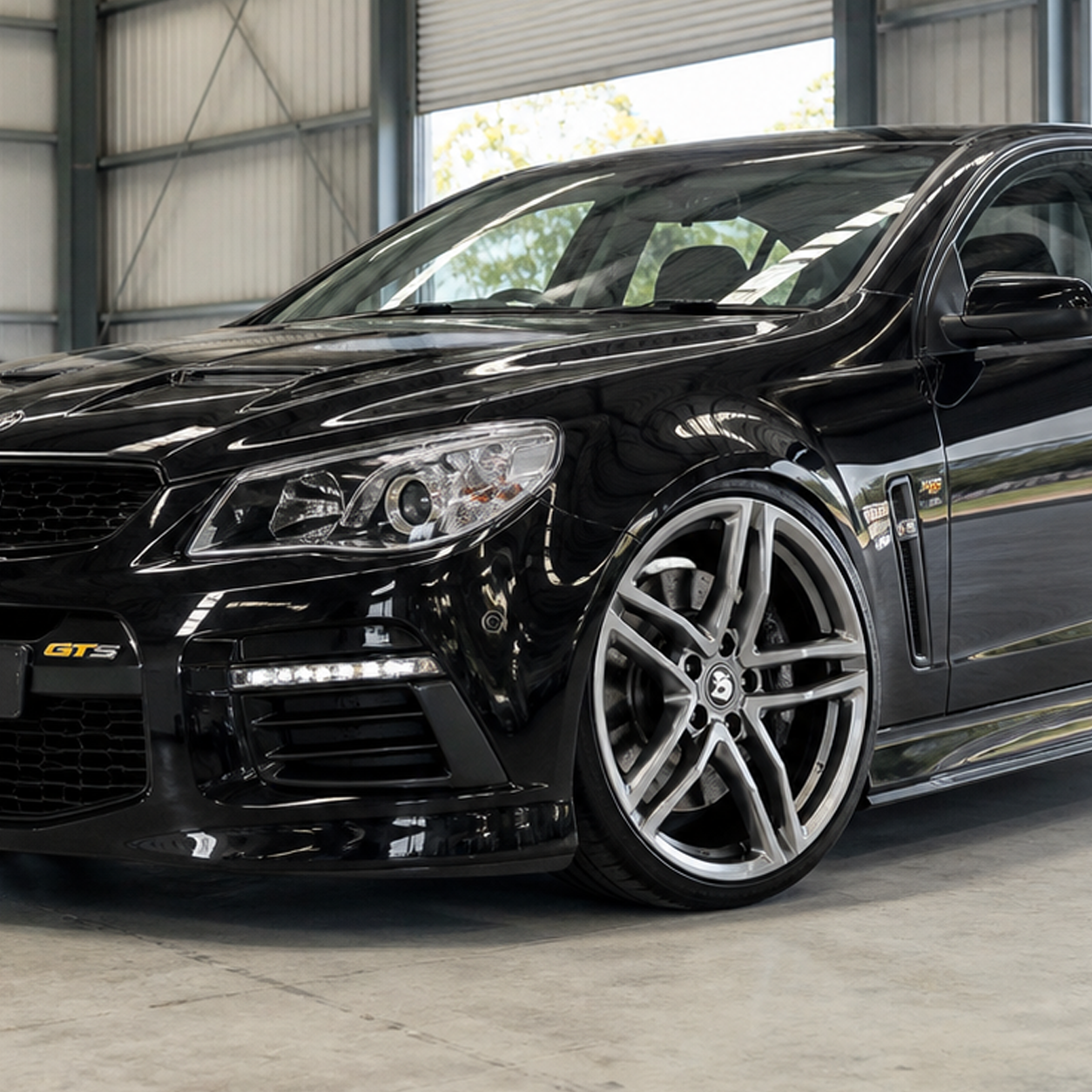 Suits Holden Commodore VT VX VY VZ VE VF — GTS Rimfire LSA Style 20" Staggered Wheels | Shadow Chrome Satin Black Gloss Black