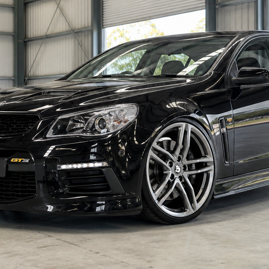 Suits Holden Commodore VT VX VY VZ VE VF — GTS Rimfire LSA Style 20" Staggered Wheels | Shadow Chrome Satin Black Gloss Black