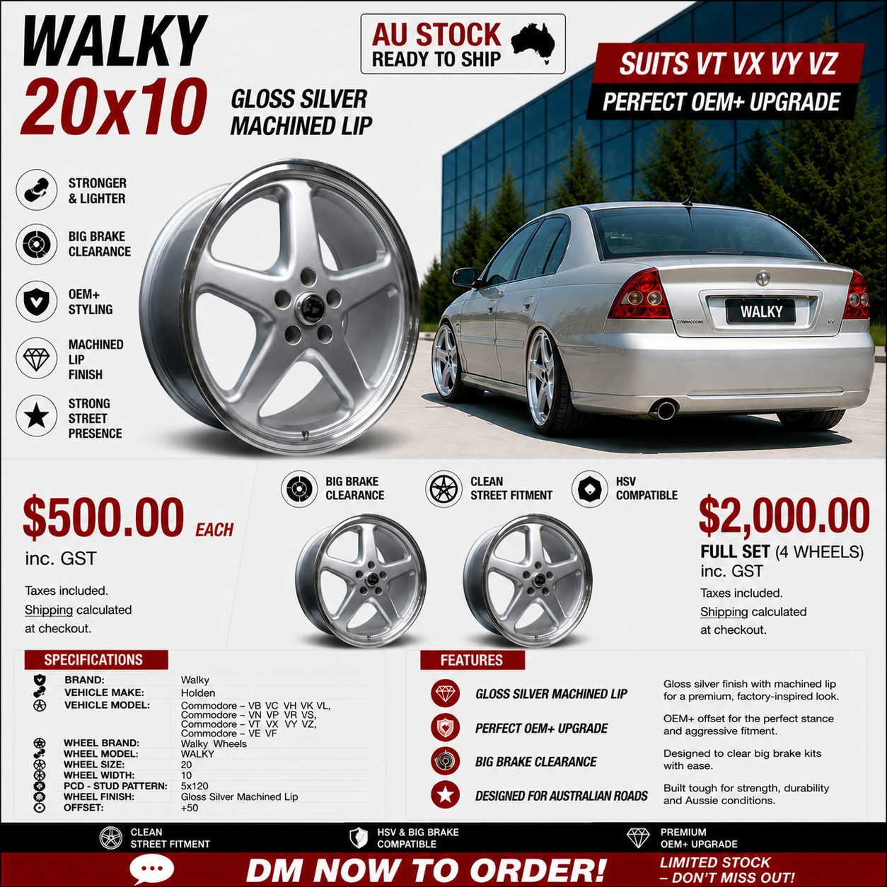 WALKY 20x10 - GLOSS SILVER MACHINED LIP (1pc)