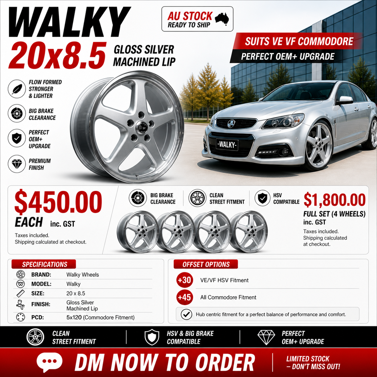 WALKY 20x8.5 - GLOSS SILVER MACHINED LIP (1PC)
