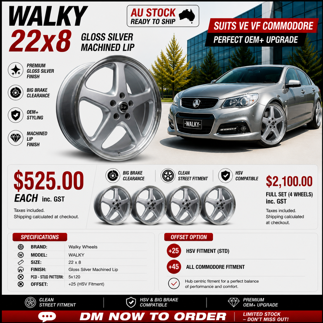 WALKY 22x8 - GLOSS SILVER MACHINED LIP (1pc)