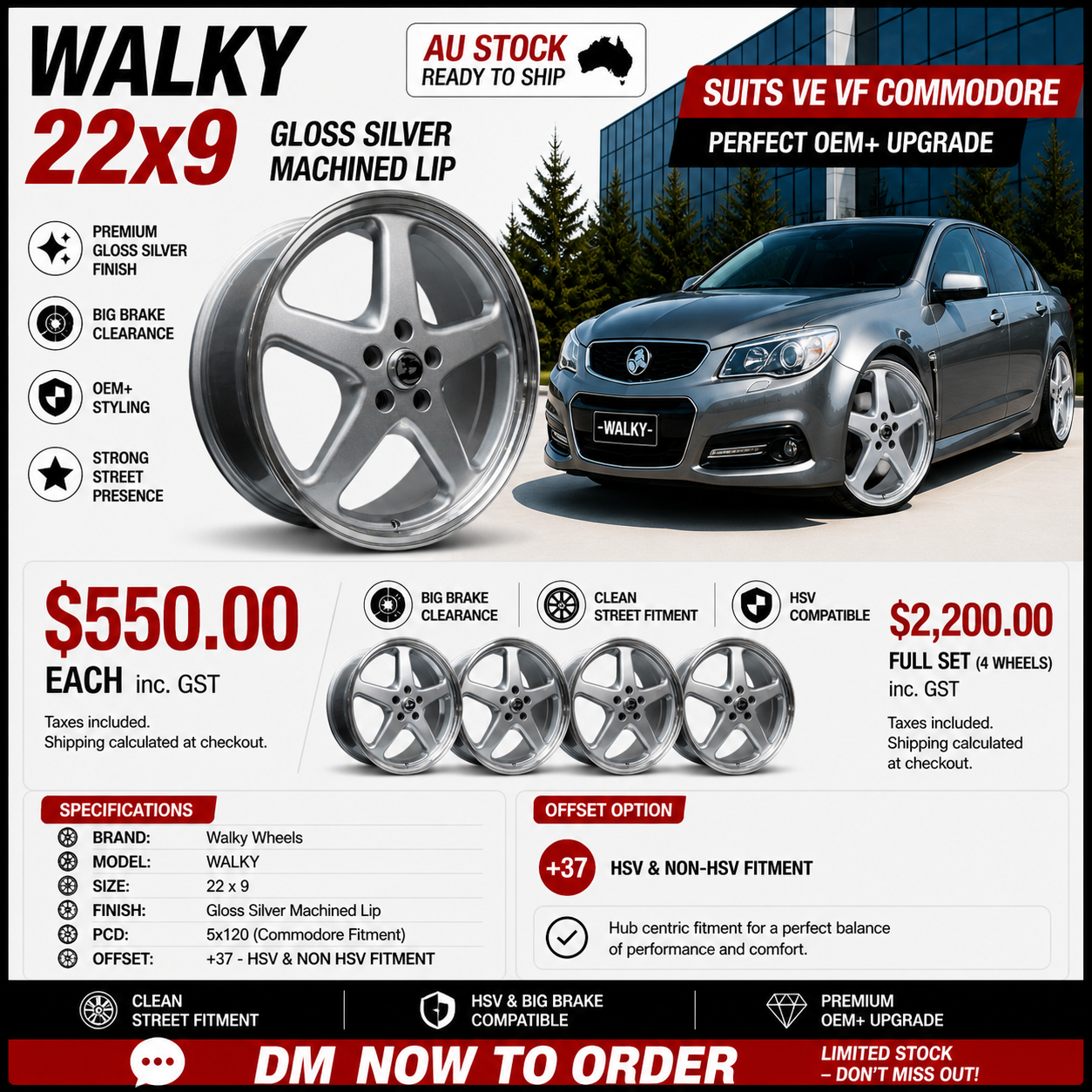 WALKY 22x9 - GLOSS SILVER MACHINED LIP (1pc)