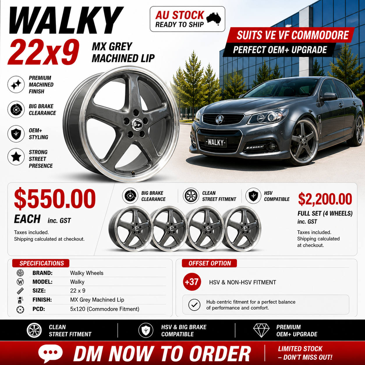WALKY 22x9 - MX GREY MACHINED LIP (1pc)