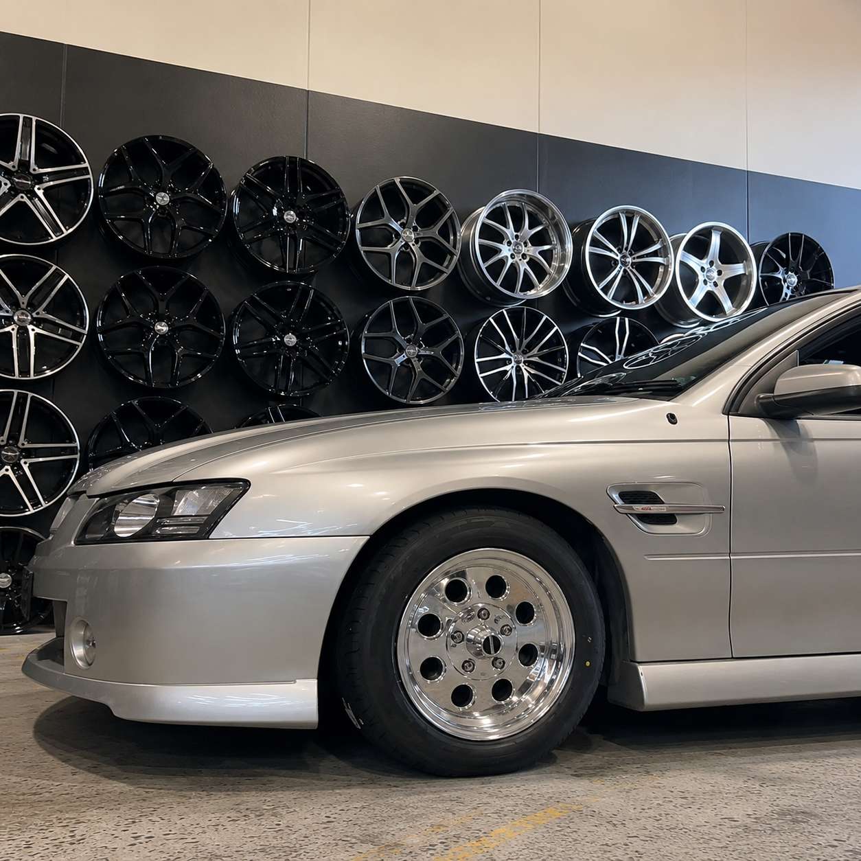 CTM Muscle Drag Light II polished wheel and tyre package fitted to car