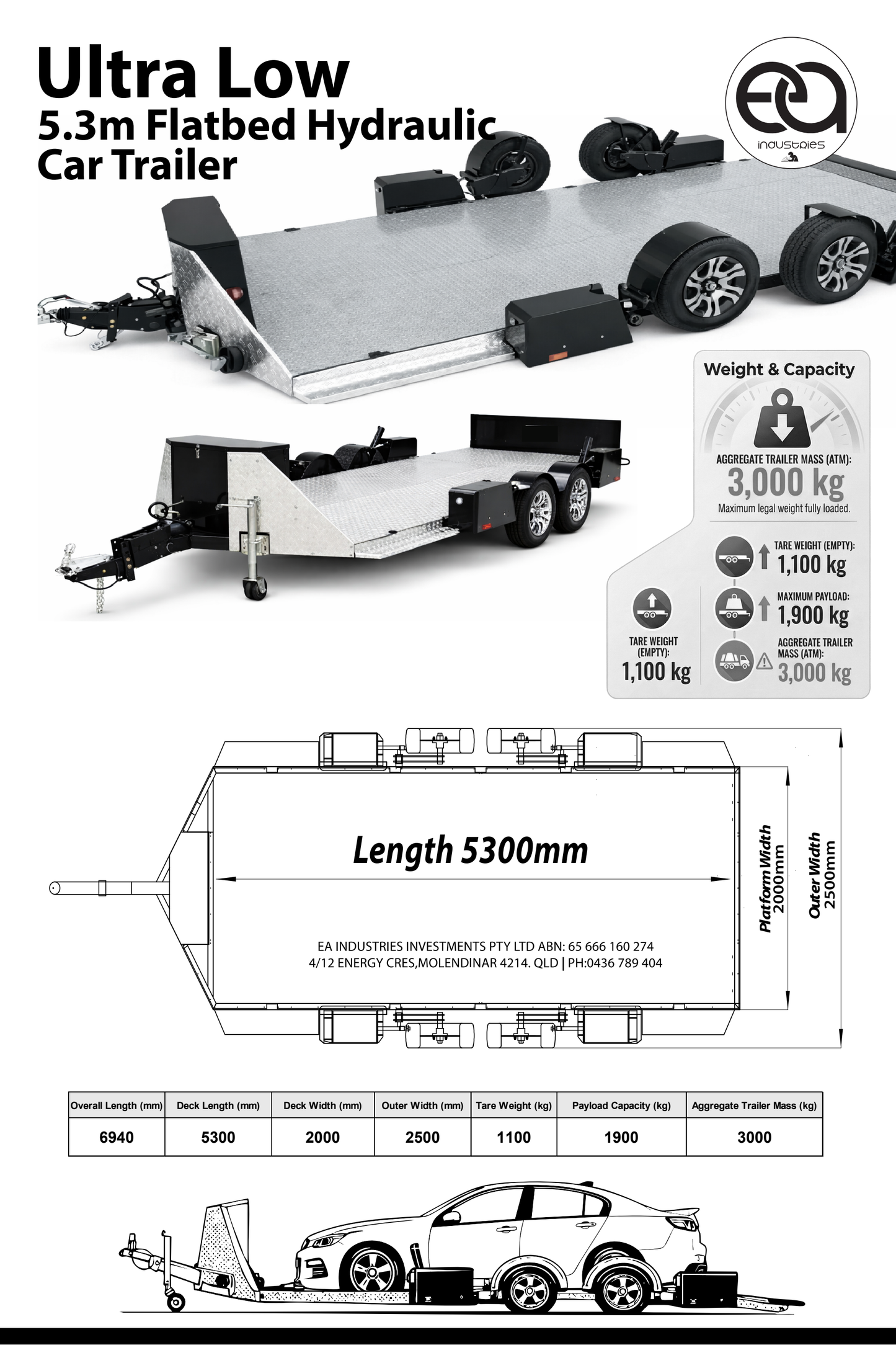 EA Industries 5.3 metre hydraulic car trailer dimensions and weight specifications