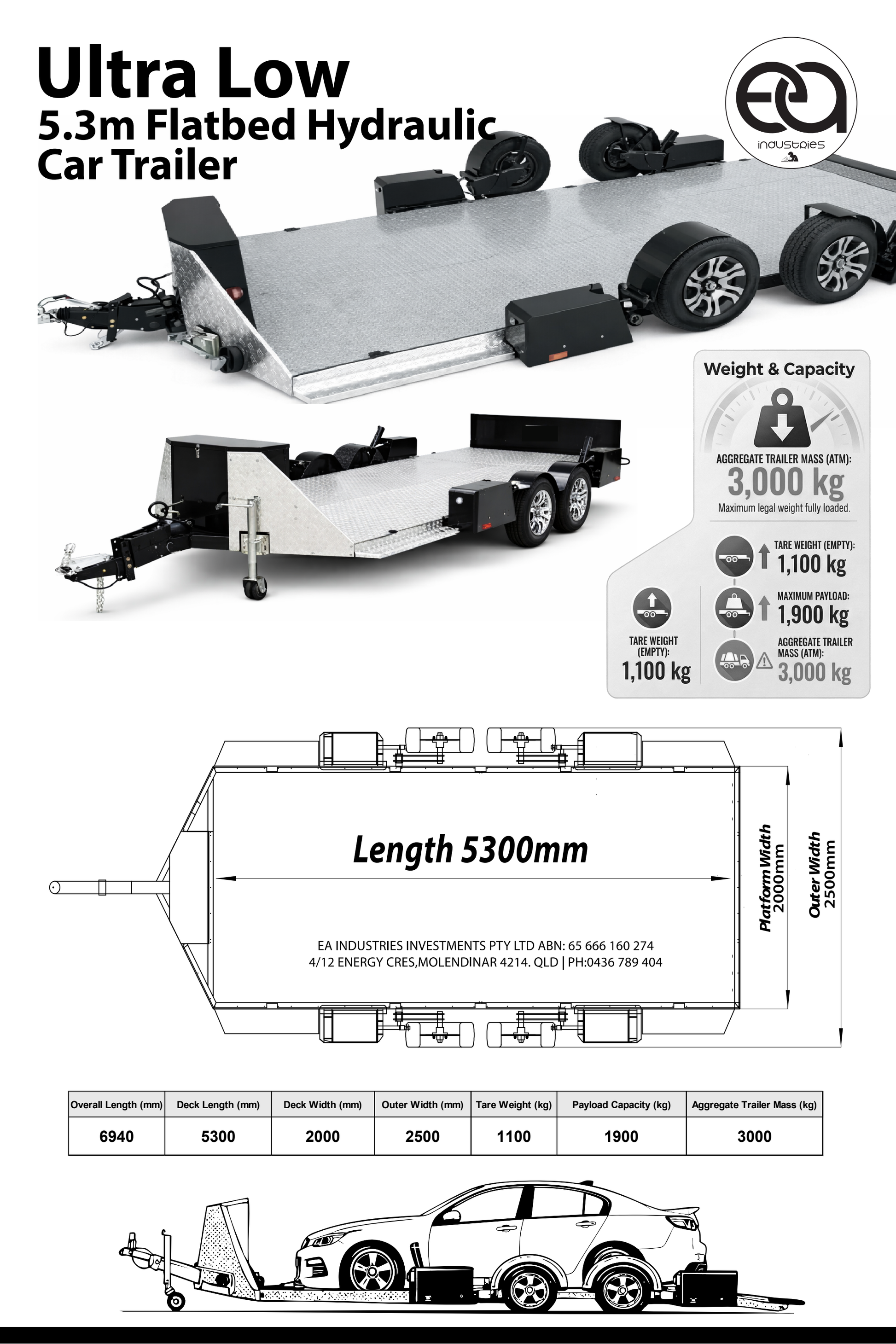 EA Industries 5.3 metre hydraulic car trailer dimensions and weight specifications