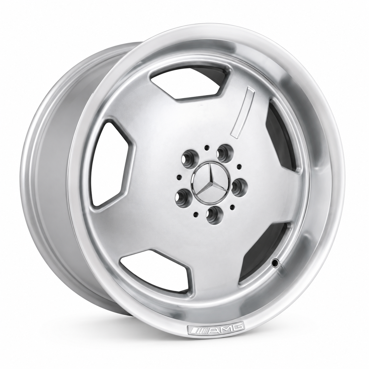 18 inch Mercedes AMG Hammer silver wheel rim angled view