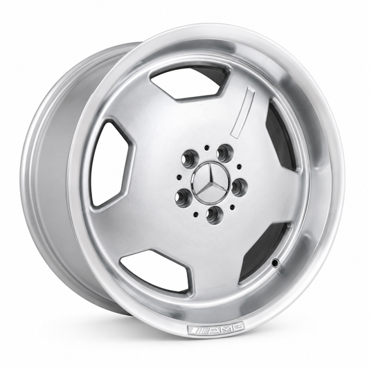 18 inch Mercedes AMG Hammer silver wheel rim angled view