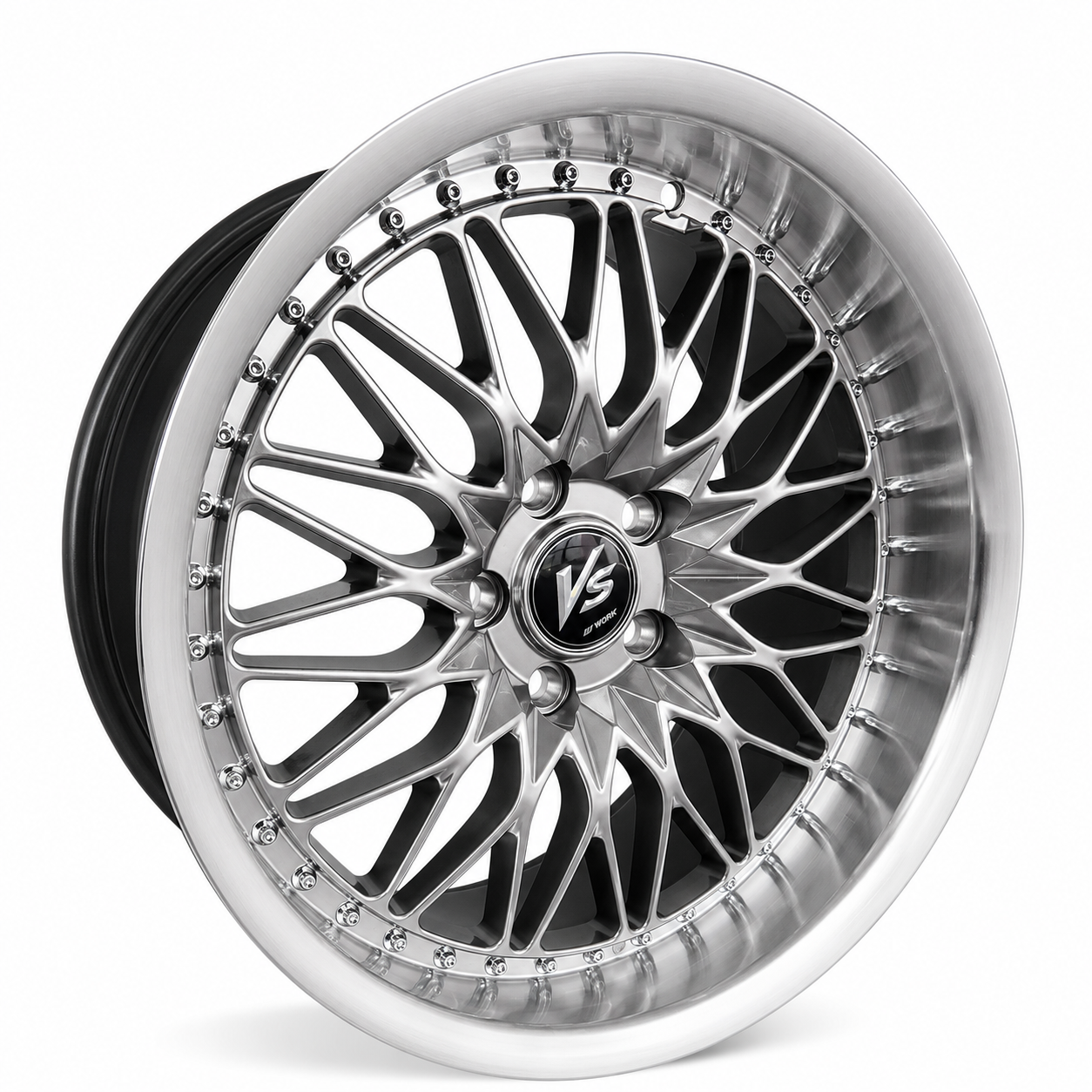 Work VS JDM style silver mesh wheel rim angled view