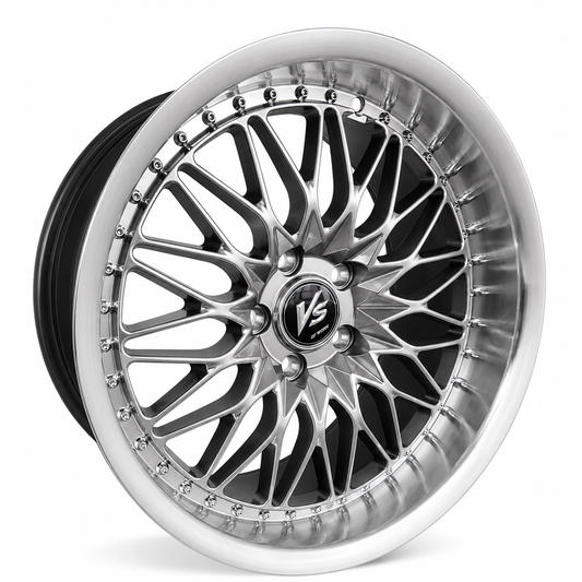 Work VS JDM style silver mesh wheel rim angled view