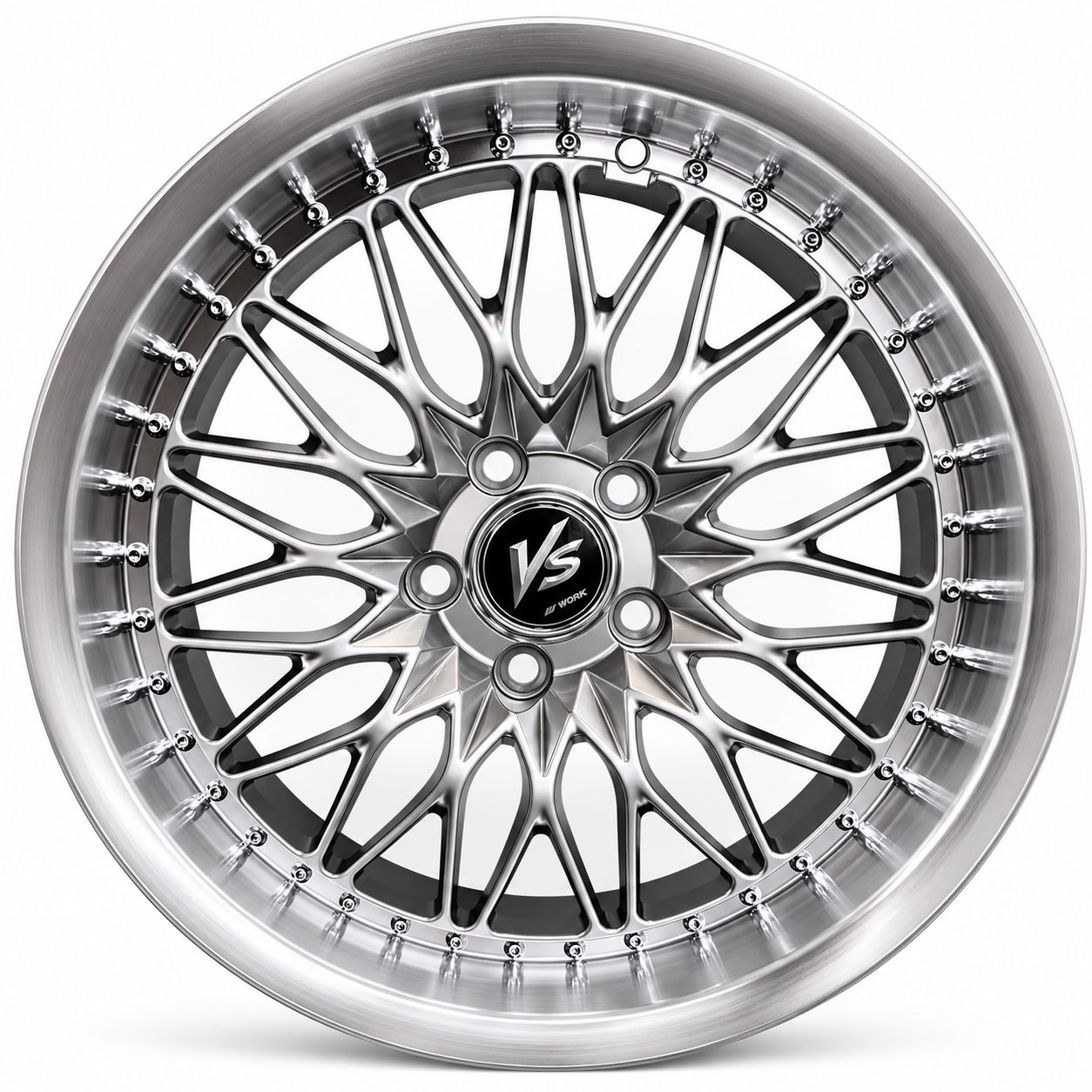 Work VS JDM style silver mesh wheel rim front view