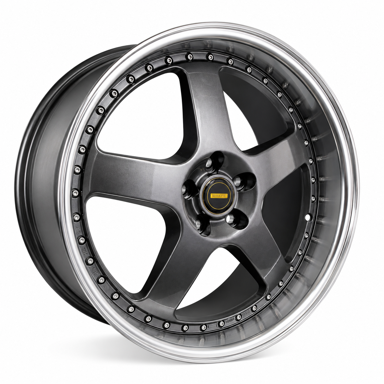 20 inch Simmons style grey wheel with polished lip angled view