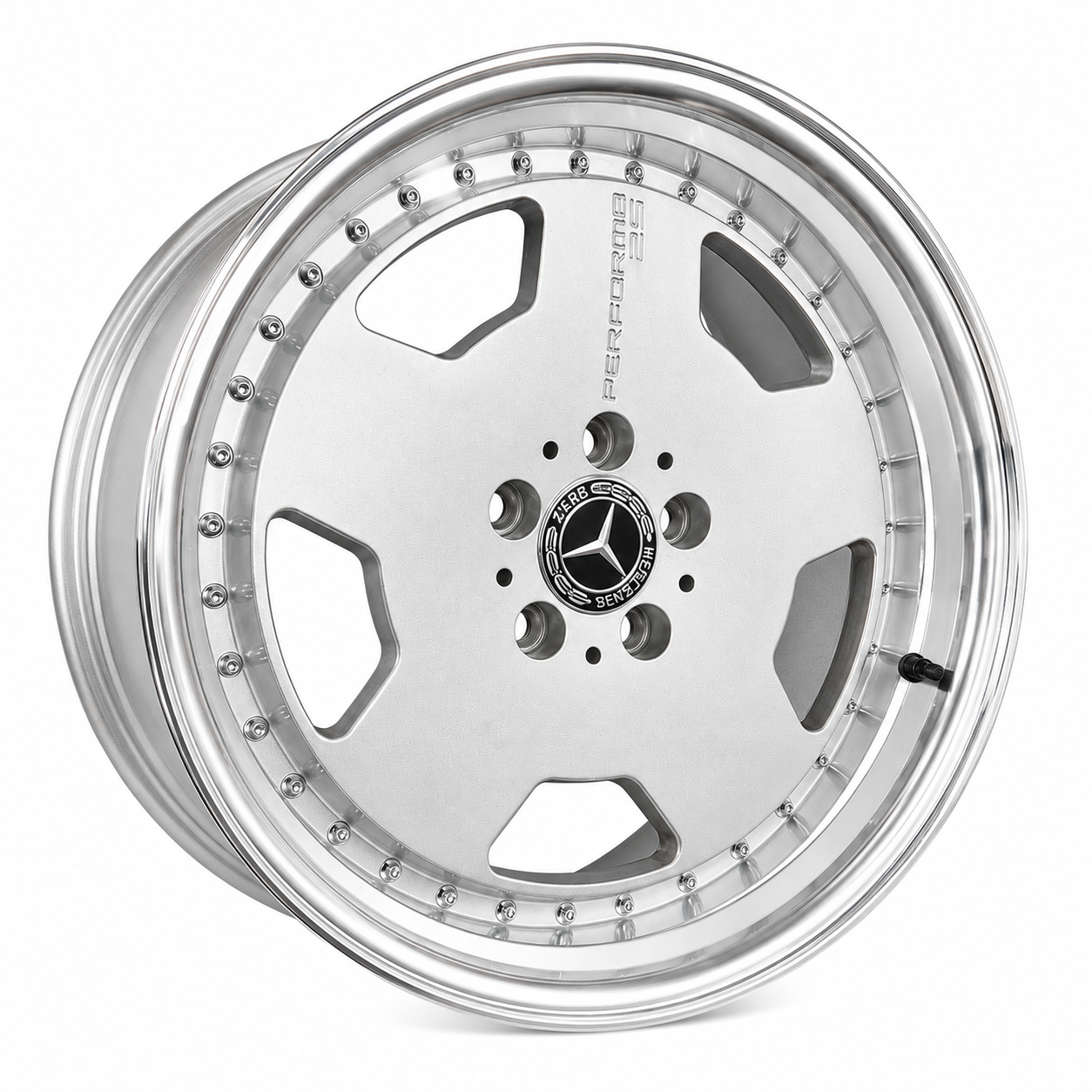 18 inch Mercedes AMG Aero style silver wheel rim angled view