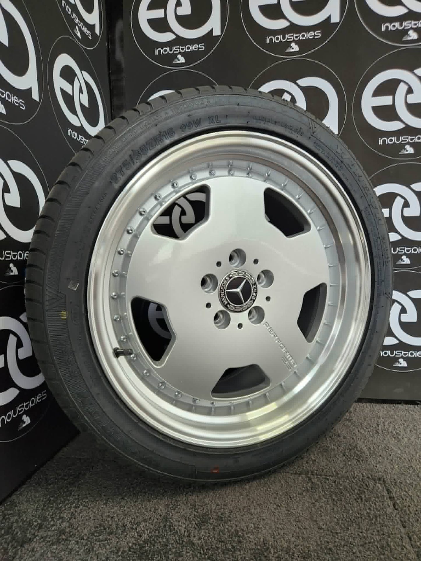 18 inch Mercedes AMG Aero style silver wheel and tyre showroom view