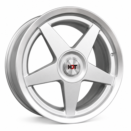 Holden HDT Stars style silver five spoke wheel rim angled view