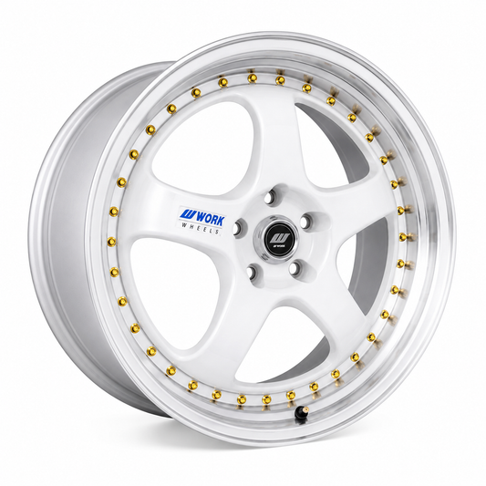 Work Emotion style white wheel with machined lip angled view