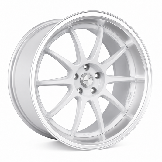 19 inch Work ZR10 style white wheel with polished lip angled view