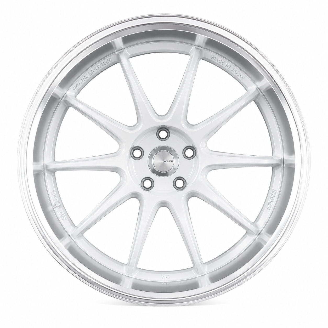 19 inch Work ZR10 style white wheel with polished lip front view