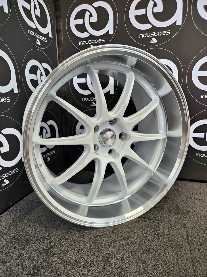 19 inch Work ZR10 style white wheel with polished lip showroom view