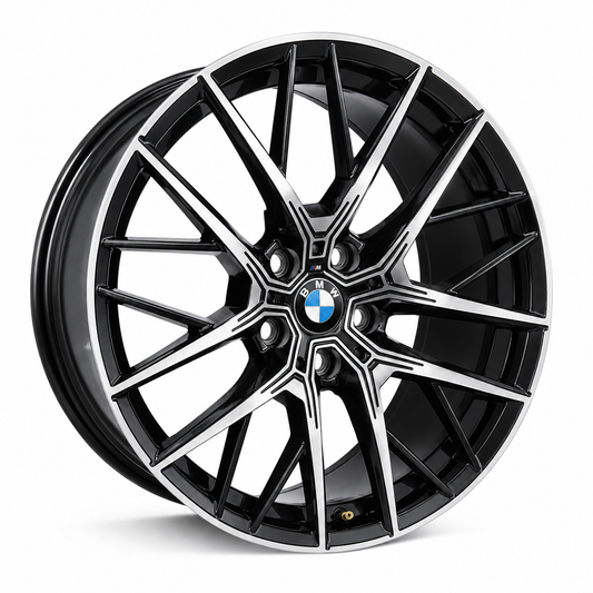 19 inch BMW RF11 style black machine face wheel rim angled view