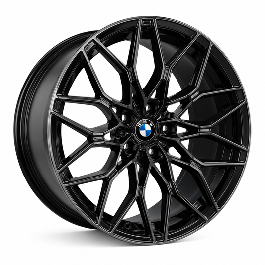 19 inch BMW FF59 style gloss black wheel rim angled view
