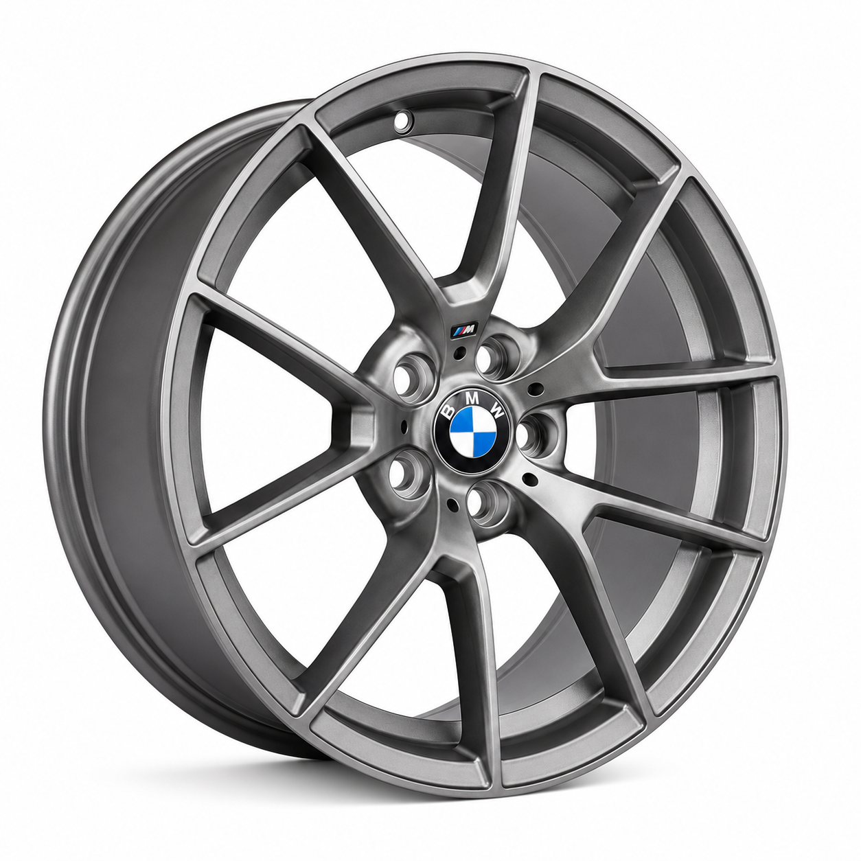 BMW M3 Competition style satin grey wheel rim angled view