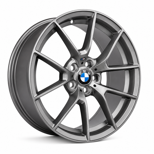 BMW M3 Competition style satin grey wheel rim angled view