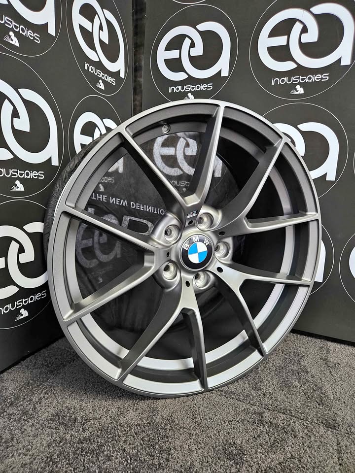 BMW M3 Competition style satin grey wheel rim showroom view