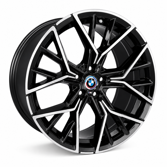 20 inch BMW M8 style black machine face wheel rim angled view