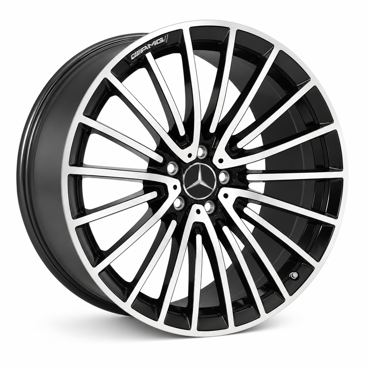 20 inch Mercedes MC style black machine face wheel rim angled view