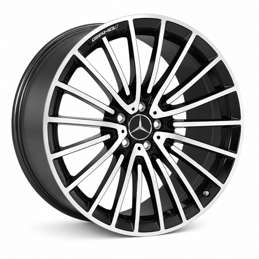 20 inch Mercedes MC style black machine face wheel rim angled view