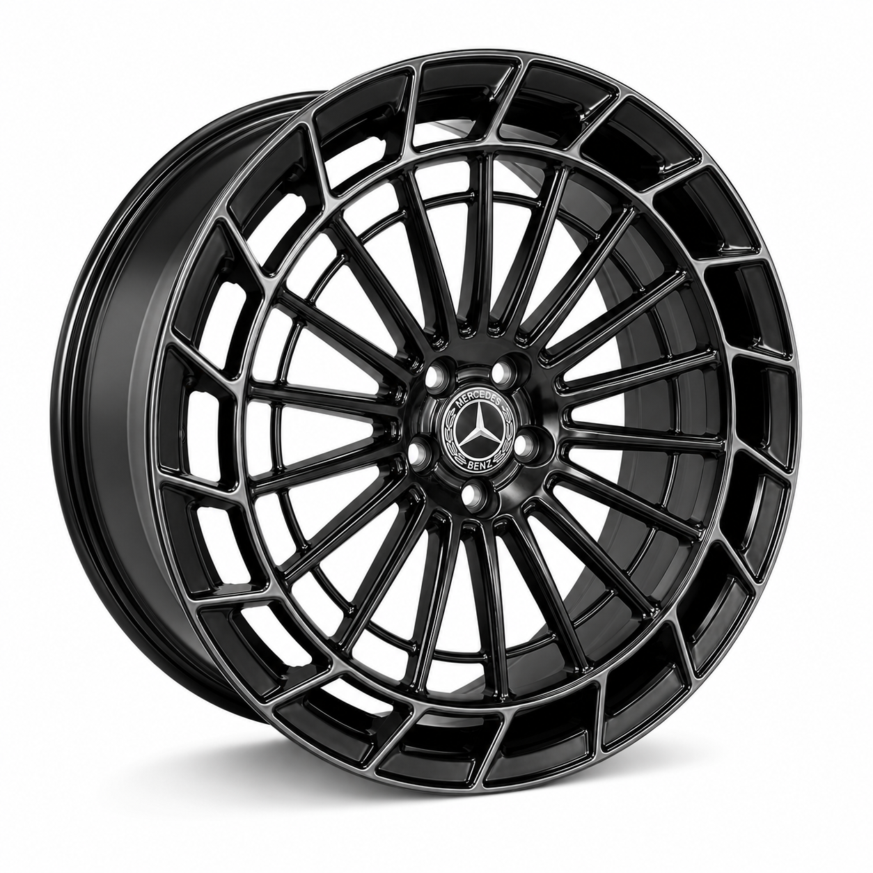 Mercedes Maybach style gloss black multi-spoke wheel rim angled view