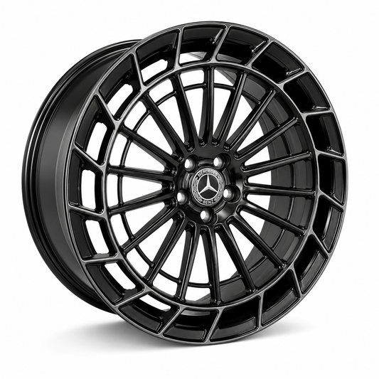 Mercedes Maybach style gloss black multi-spoke wheel rim angled view