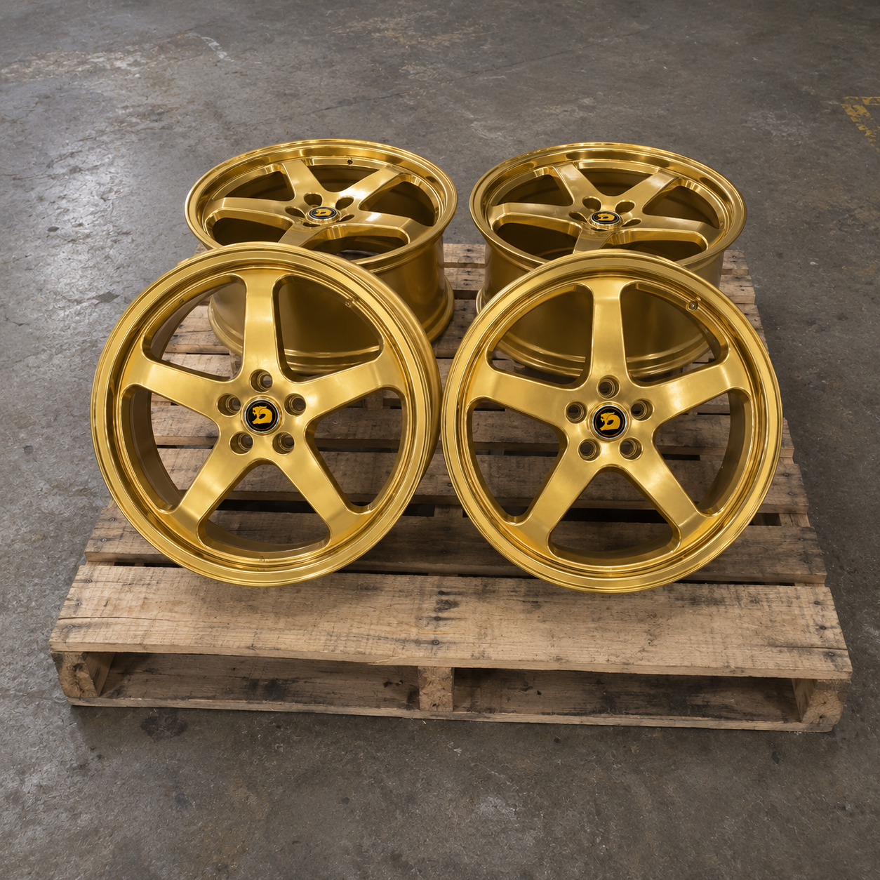 Set of four Walky 22 inch gold chrome wheel rims on pallet