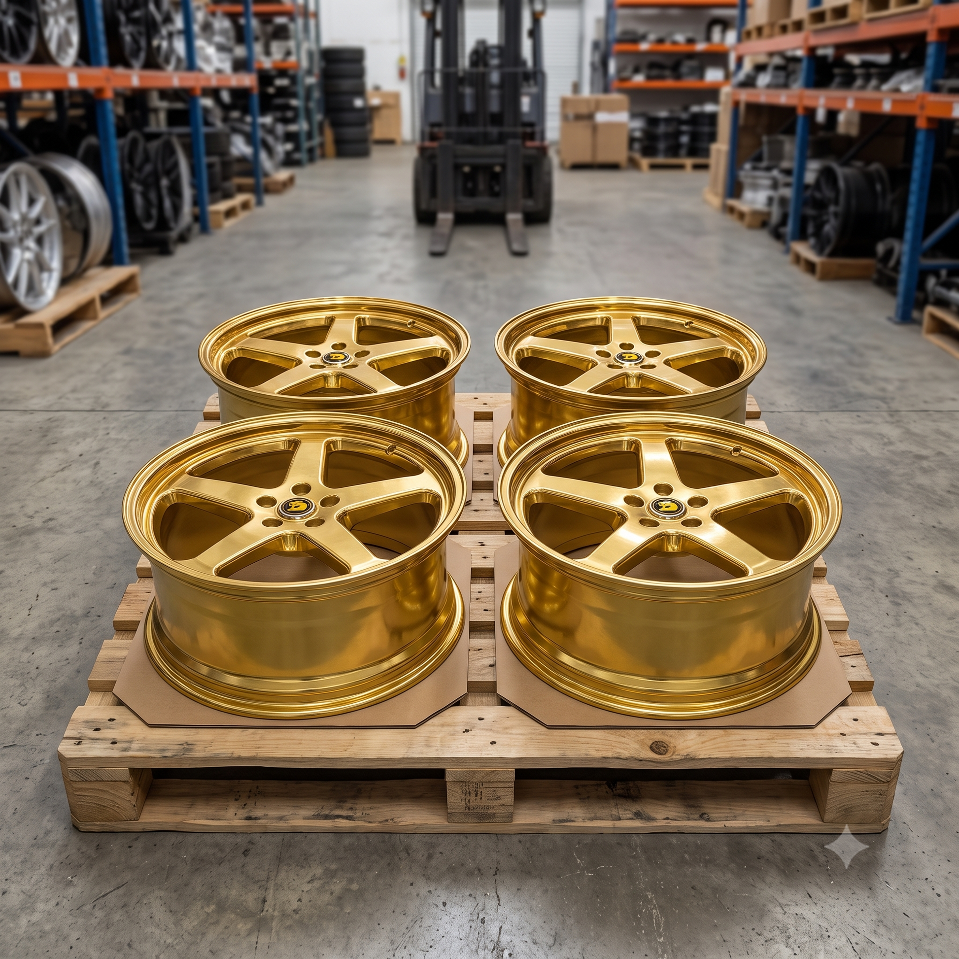 Set of four Walky 22 inch gold chrome wheel rims in warehouse