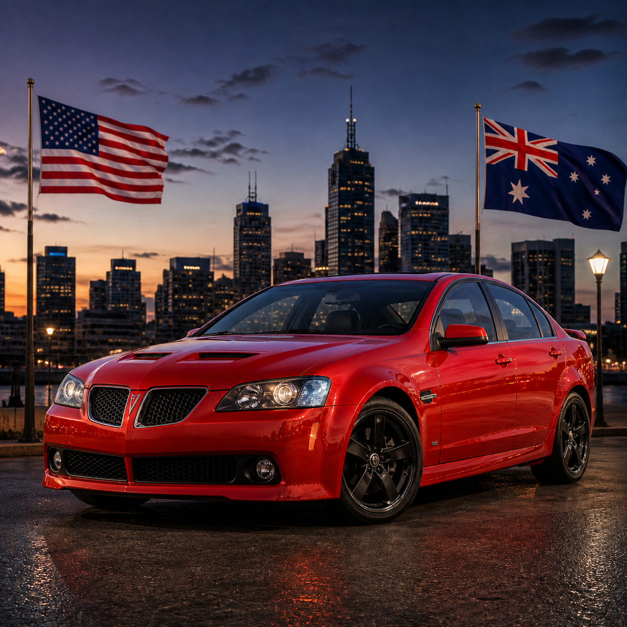 Red Pontiac G8 with Australian and United States flags