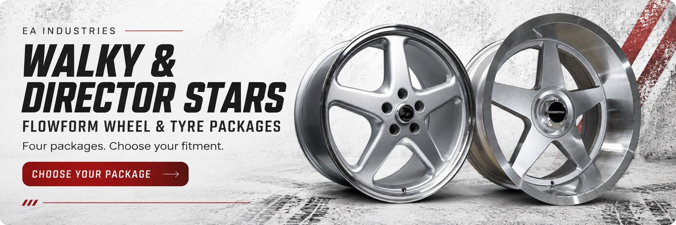 Walky and Director Stars Flowform wheel and tyre packages. Choose your package.